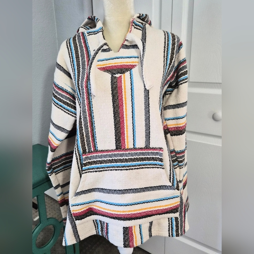 Baja Señor Lopez Mexican Blanket Hoodie Pullover Striped Unisex Size Large